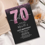 Invitación Hello 70 years modern birthday with photo<br><div class="desc">Hello 70! Invite your friends and family to celebrate the 70th birthday with this modern design. The design features a black background, the numbers thirty in faux pink glitter, with an elegant pink glitter background, elegant calligraphy script, a modern birthday template that's easy to personalize, and the option to add...</div>