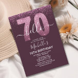 Invitación Hello 70 years modern birthday with photo<br><div class="desc">Hello 70! Invite your friends and family to celebrate the 70th birthday with this modern design. The design features a black background, the numbers thirty in faux pink glitter, with an elegant pink glitter background, elegant calligraphy script, a modern birthday template that's easy to personalize, and the option to add...</div>