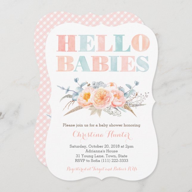 Invitación HELLO BABIES Peach Twins Baby Shower o Sip See (Anverso / Reverso)
