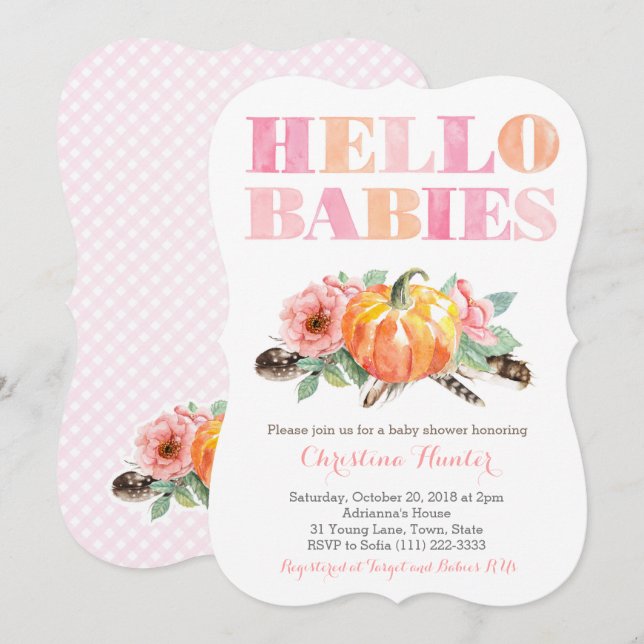 Invitación HELLO BABIES Twins Baby Girls Shower or Sip and Se (Anverso / Reverso)