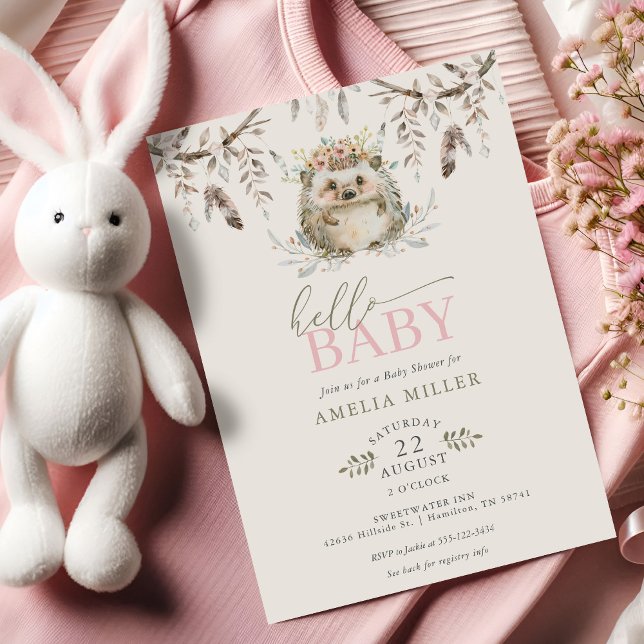 Invitación Hello Baby Boho Hedgehog Girl Baby Shower (Hello Baby Boho Hedgehog Girl Baby Shower Invitation)