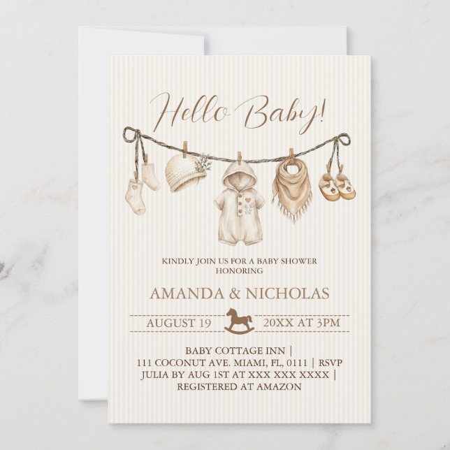 Invitación Hello Baby Clothesline Baby Shower Striped (Anverso)