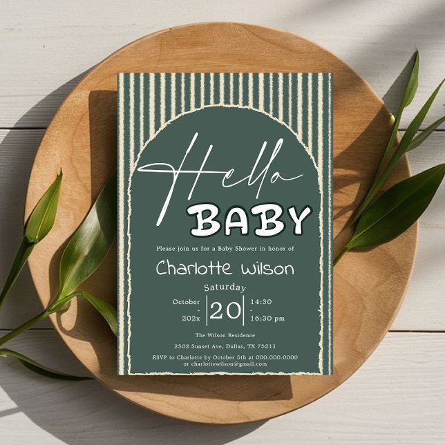Invitación Hello Baby Dark Green Stripes Baby Shower (Subido por el creador)