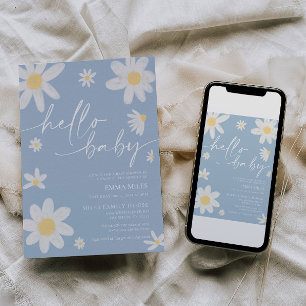 Invitación Hello Baby Dusty Blue Daisy Baby Shower