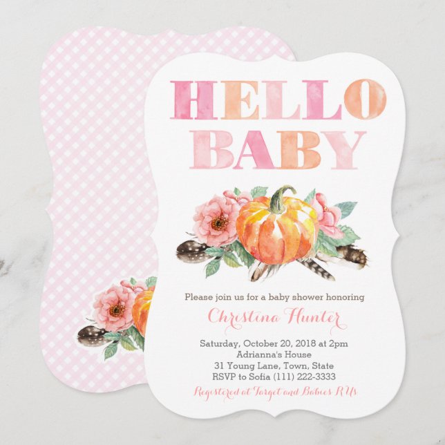 Invitación HELLO BABY Girl Duchers Cards Pumpkins Rosas (Anverso / Reverso)