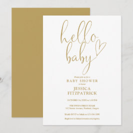 Invitación Hello Baby Gold Heart Script Baby Shower