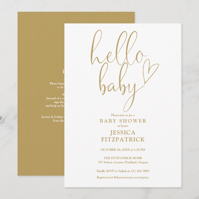 Invitación Hello Baby Gold Script All In One Baby Shower (Anverso / Reverso)