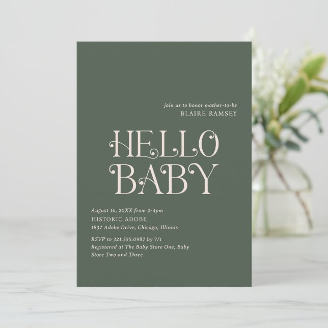 Invitación Hello Baby Moss Green Modern Baby Shower (Anverso de pie)