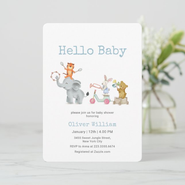 Invitación Hello Baby Musical Elephant Parade Baby Shower   (Anverso de pie)