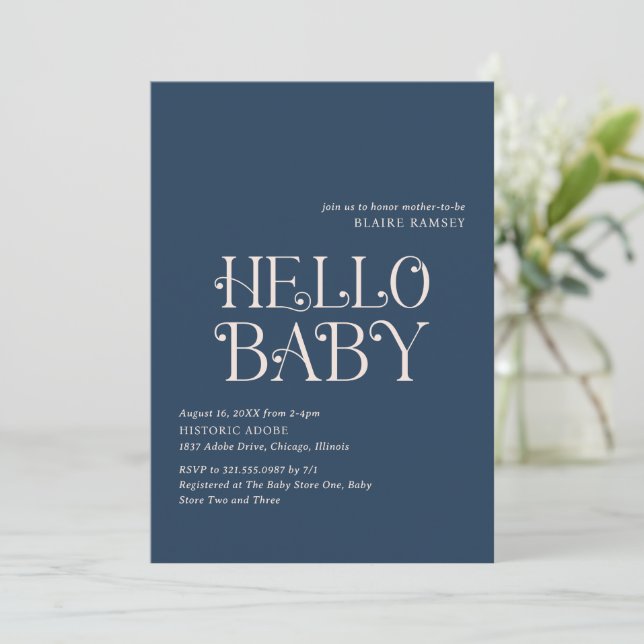 Invitación Hello Baby Navy Blue Modern Baby Shower (Anverso de pie)