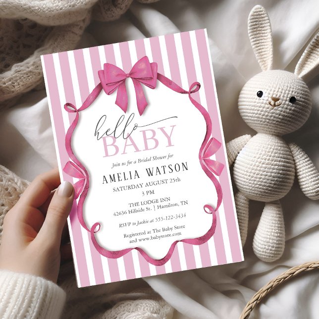 Invitación Hello Baby Pink Striped Bow Baby Shower (Hello Baby Pink Striped Bow Baby Shower Invitation)