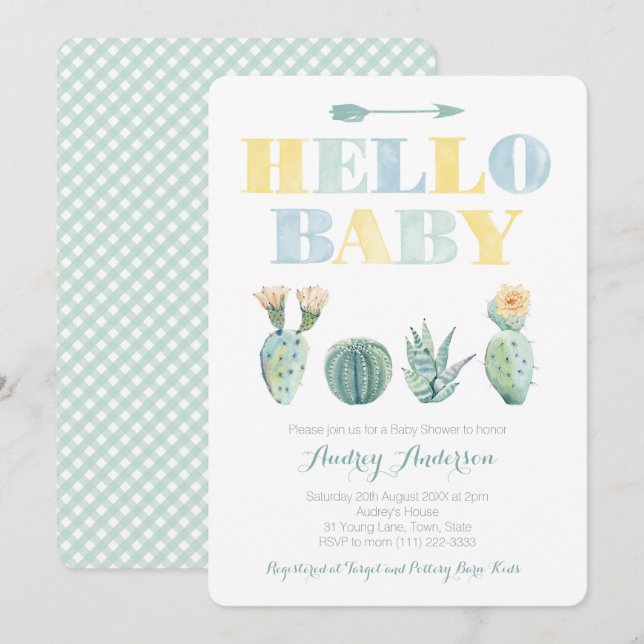 Invitación Hello Baby Team Green Genderless Cacti Baby Shower (Anverso / Reverso)