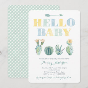 Invitación Hello Baby Team Green Genderless Cacti Baby Shower