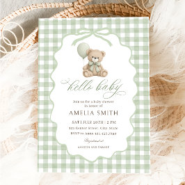 Invitación Hello Baby Teddy Bear Baby Shower Green