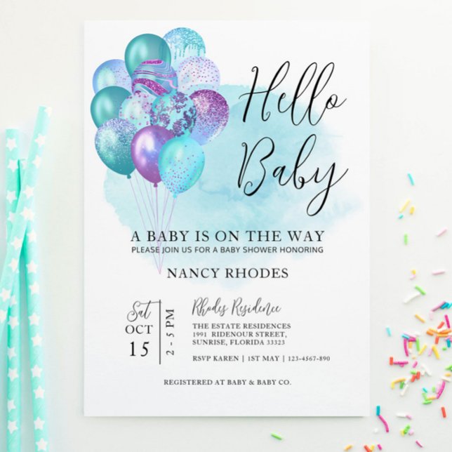 Invitación Hello Baby Verde azulada Purple Baby Shower (Subido por el creador)