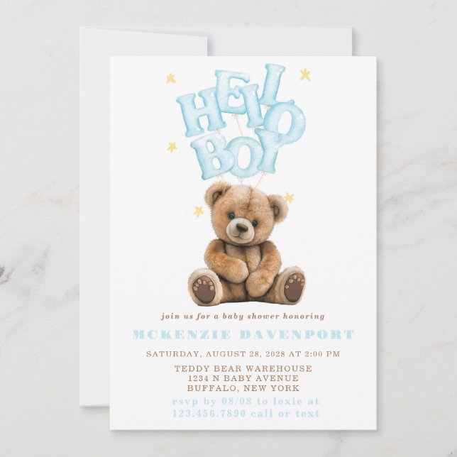 Invitación Hello Boy Balloon Teddy Bear Boy Baby Shower (Anverso)