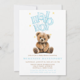 Invitación Hello Boy Balloon Teddy Bear Boy Baby Shower