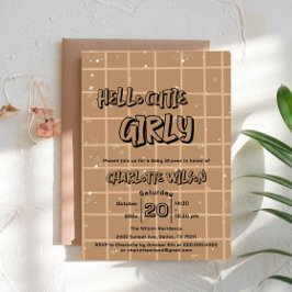 Invitación Hello Cutie Girly Cute Brown Gingham Baby Shower