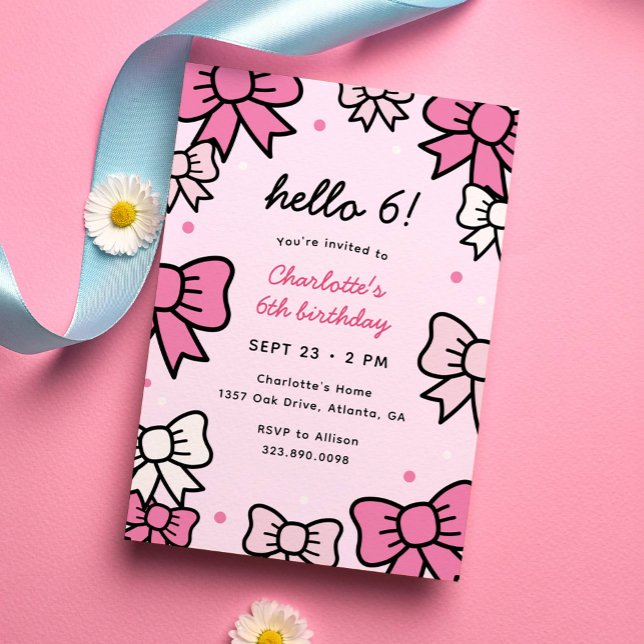 Invitación Hello Cutie Personalizado Rosa Bows fiesta de cump (cute kawaii bows pink birthday party invitation for girls)