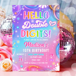 Invitación Hello Double Digits Neon Glow Girl 10th Birthday