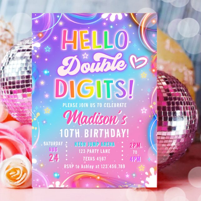 Invitación Hello Double Digits Neon Glow Girl 10th Birthday (Subido por el creador)