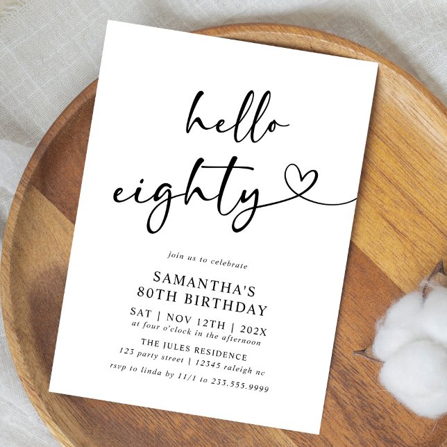 Invitación Hello Eighty Black and White 80th Birthday Party (Subido por el creador)