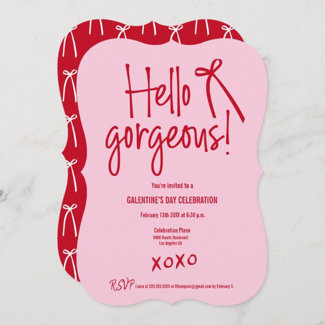 Invitación Hello Gorgeous bow Galentine’s Day Red and Pink  (Anverso / Reverso)