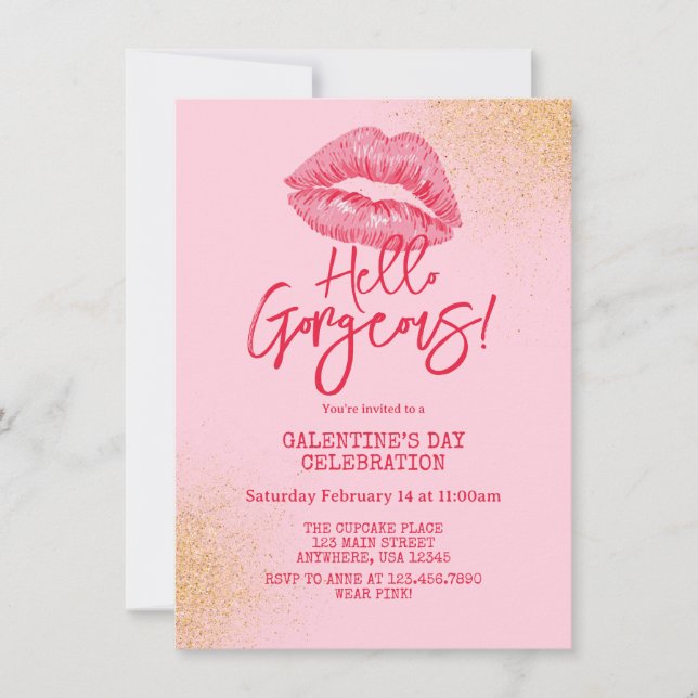 Invitación Hello Gorgeous Galentine's Day Pink (Anverso)