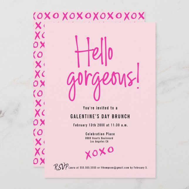 Invitación Hello Gorgeous XOXO Pink Galentine’s Day Brunch  (Anverso / Reverso)