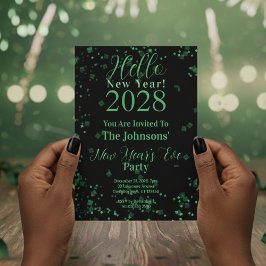 Invitación Hello New Year! New Year's Eve Green Black Sparkle