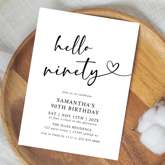 Invitación Hello Ninety Black and White 90th Birthday Party (Subido por el creador)