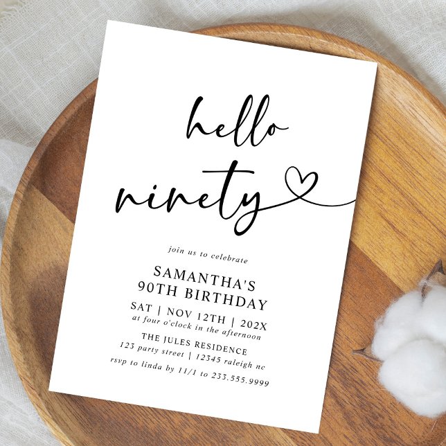 Invitación Hello Ninety Black and White 90th Birthday Party (Subido por el creador)
