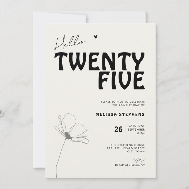 Invitación Hello Twenty Five Bold Typography 25th Birthday (Anverso)
