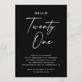 Invitación Hello Twenty One | Black Minimalist 21st Birthday