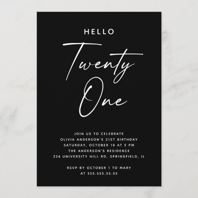 Invitación Hello Twenty One | Black Minimalist 21st Birthday (Anverso)
