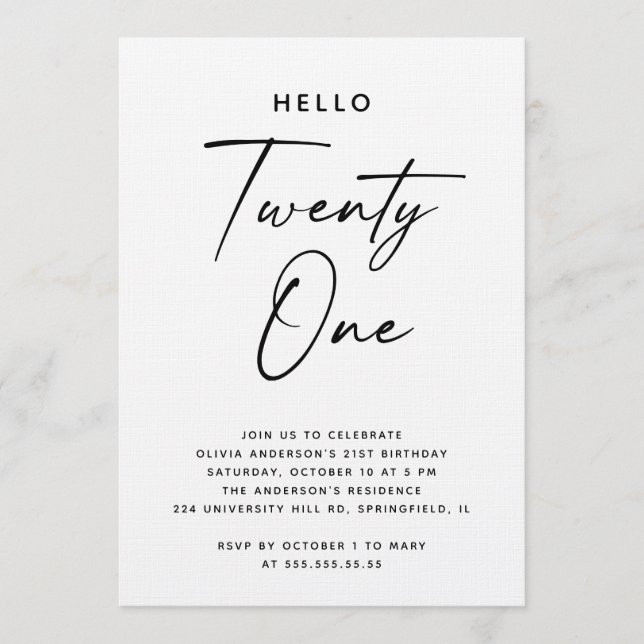 Invitación Hello Twenty One | Modern Script 21st Birthday (Anverso)