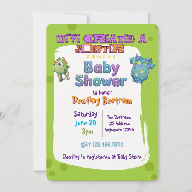 Invitación Hemos Creado un Monstruo Verde Baby Shower (Anverso)