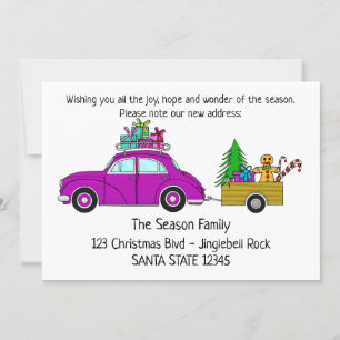 Invitación Hemos movido regalos de Navidades de autos morados