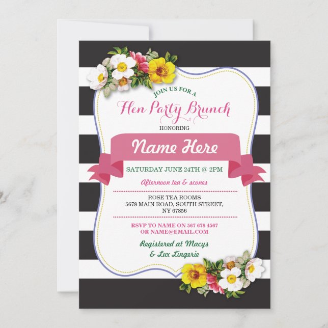 Invitación Hen Fiesta Brunch Tiras Floral Rosa (Anverso)