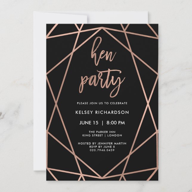Invitación Hen Fiesta | Faux Rosa Gold Geometric on Black (Anverso)