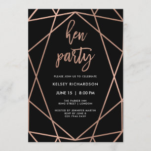 Invitación Hen Fiesta   Faux Rosa Gold Geometric on Black