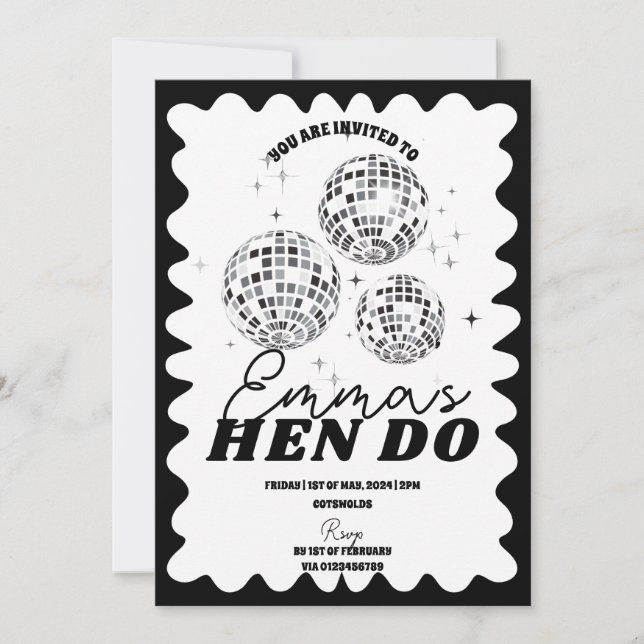 Invitación Hen Itinerario de la Bachelorette de Black White W (Anverso)