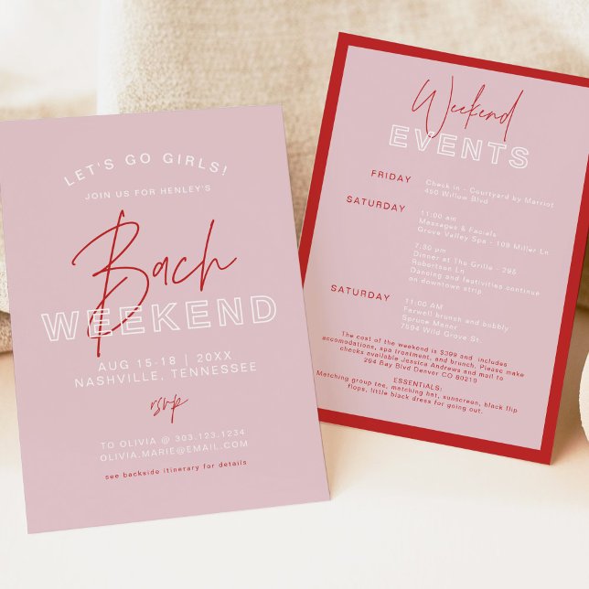 Invitación HENLEY Itinerario de Bachelorette Rojo y Rosa Mode (Subido por el creador)