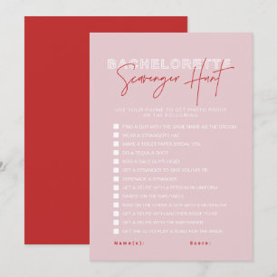 Invitación HENLEY Pink Red Bachelorette Scavenger Hunt Card
