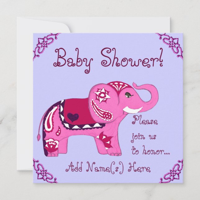 Invitación Henna Elephant (rosa/púrpura) (Baby Shower) (Anverso)