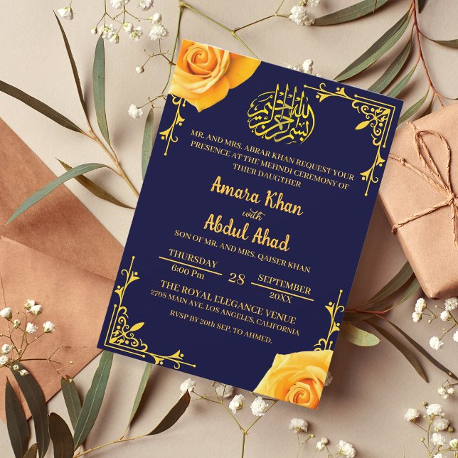 Invitación Henna Mehndi Rosa Amarilla Boda musulmana islámica (Subido por el creador)