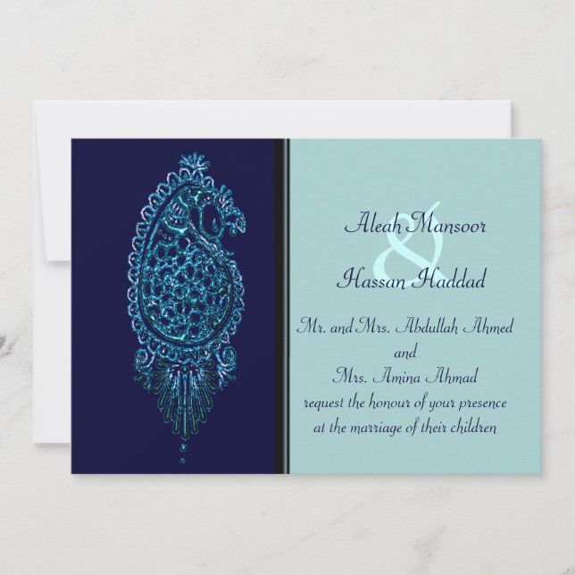 Invitación Henna Peacock (Boda) (Azul) (Anverso)