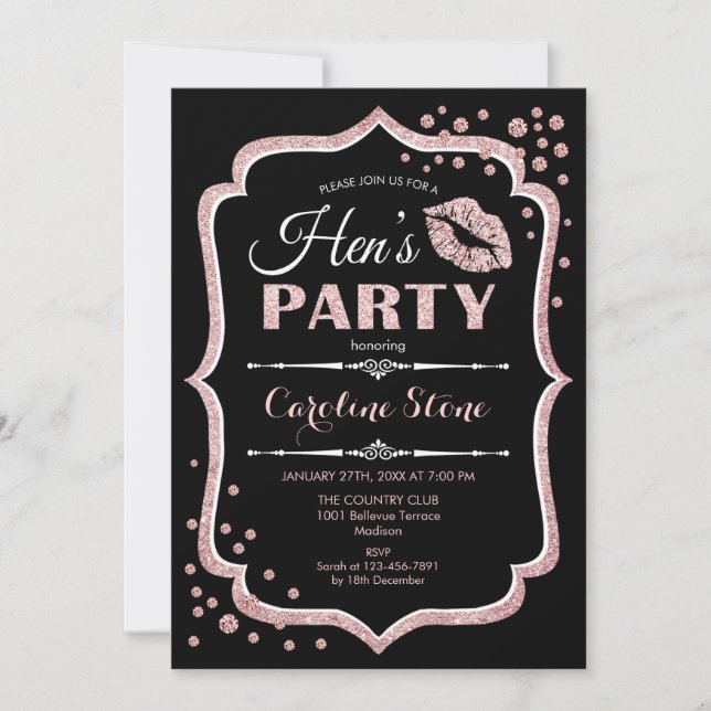 Invitación Hens Fiesta Black Rosa Gold (Anverso)