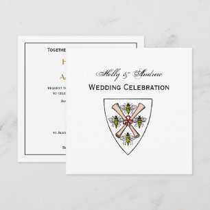 Invitación Heráldica Vintage 4 Abejas Rollos en Escudo Cresta