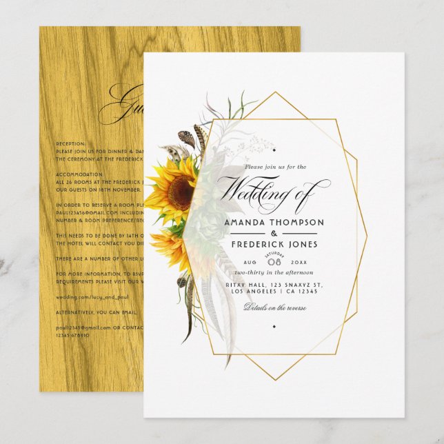 Invitación Herbario Rústico Sunflowers Boda Bohemia (Anverso / Reverso)